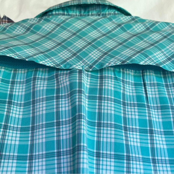 Eddie Bauer Plus Size 2XL Aqua Plaid Long Sleeve Summer Blouse Front Zip Pockets - Picture 6 of 14